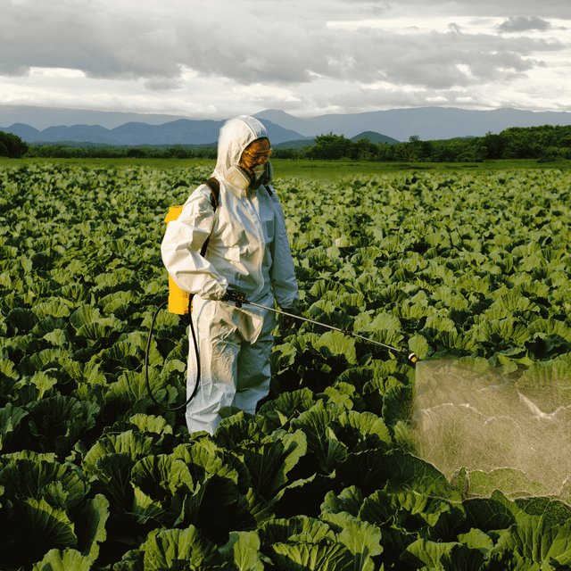 Worker in full PPE spraying crops in a large cabbage field with pesticide