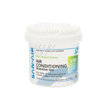 SAN-AIR Air Conditioning Reactive mould gel, designed to prevent mould growth and eliminate airborne bacteria, fungus, and spores in air-conditioning systems