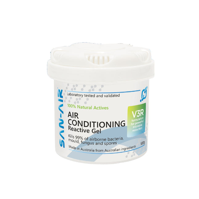 SAN-AIR Air Conditioning Reactive mould gel, designed to prevent mould growth and eliminate airborne bacteria, fungus, and spores in air-conditioning systems