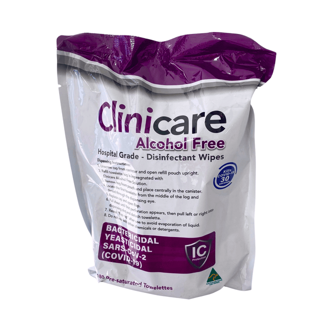 Clinicare Alcohol-Free Instrument Grade Disinfectant Wipes tub of 180 towelettes refill pack