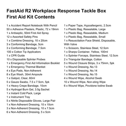 Detailed list of first aid supplies included in the FastAid R2 workplace first aid kit
