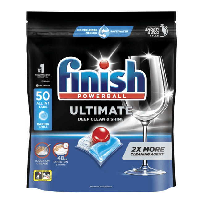 Pack of 50 Finish Powerball Ultimate dishwashing tablets for tackling dried-on stains