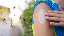 Woman putting on mosquito repellent on arm