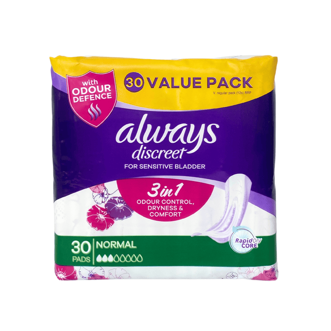 Always Discreet incontinence pads for sensitive bladder, normal absorbency, 30-pack with odour control and RapidDry core