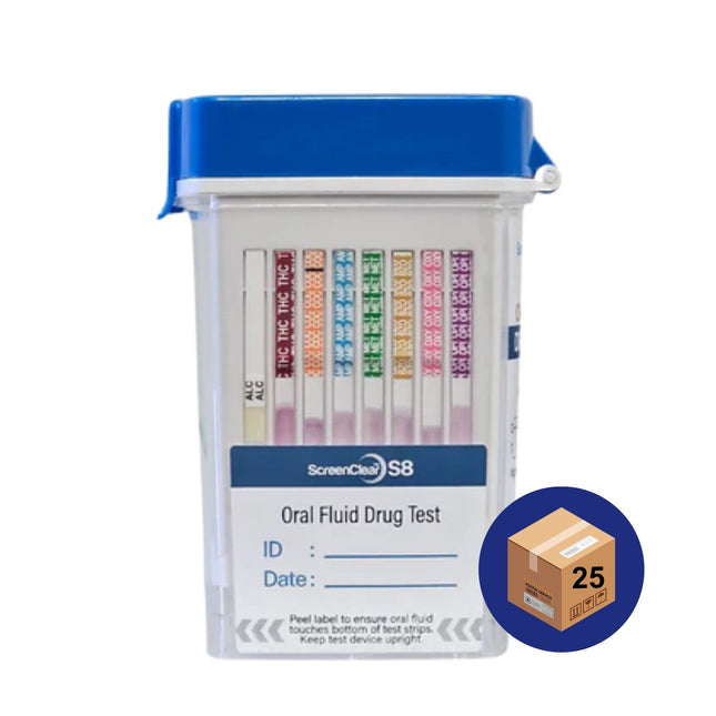 Oral fluid drug test kit with blue lid and visible brand name on a white background
