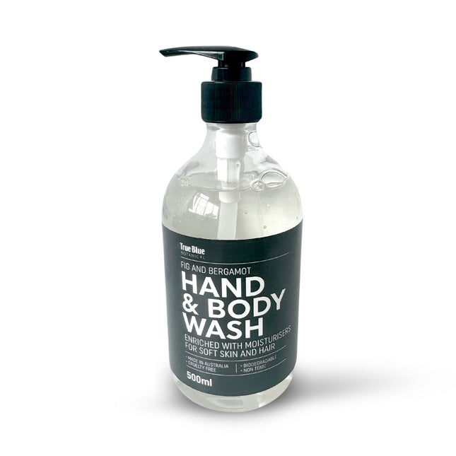True Blue Botanical Fig and Bergamot Hand and Body Wash, 500ml bottle with pump dispenser, enriched with moisturisers for soft skin and hair
