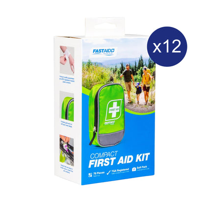 Box of FastAid Compact Portable First Aid Kit with 76 pieces, TGA registered, ideal for hiking, travel, and outdoor use – 12 pack