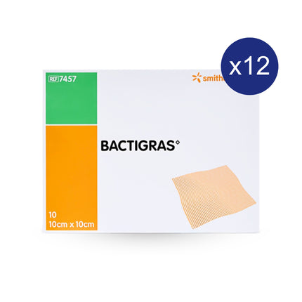 Carton of 12 box of Smith & Nephew Bactigras sterile gauze dressing, 10cm x 10cm, 10 pieces, ideal for wound care and protection
