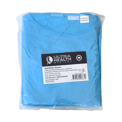 Ultra Health Isolation Gown PP/PE impervious blue knitted cuff, velcro neck - 10 pack