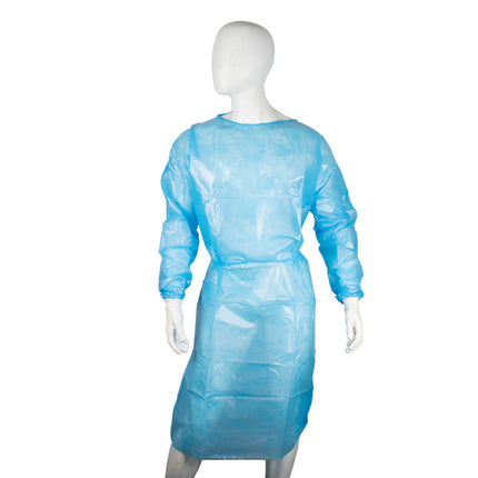 Ultra Health Isolation Gown PP/PE impervious blue knitted cuff, velcro neck