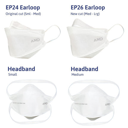 AMD P2 respirators earloops & headband designs in white, available in various sizes for a comfortable and secure fit. 
