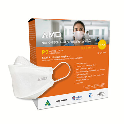 Packaged AMD P2 mask in white colour. Advanced filtration, comfortable fit, breathable nano-fiber technology.