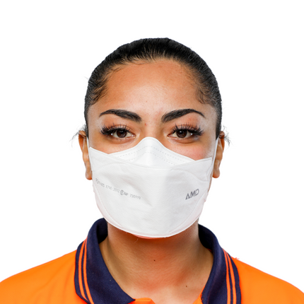 Woman wearing a white AMD P2 mask with a comfortable headband. Advanced filtration and breathable nano-fiber technology for everyday comfort.