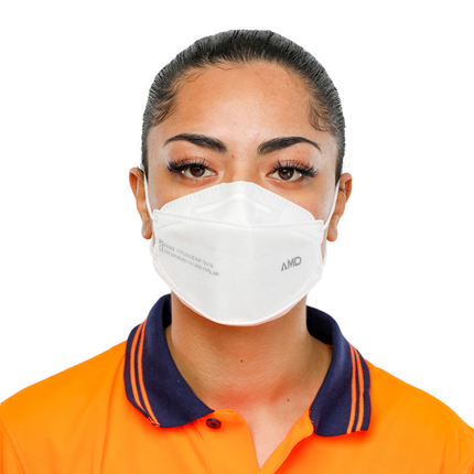 Front view of woman wearing a white AMD P2 respirator with earloops.