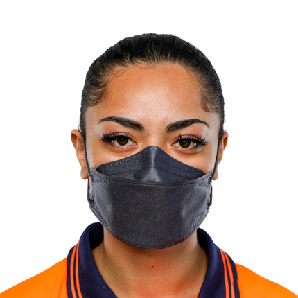 Woman wearing a charcoal blue AMD P2 respirator with earloops. Lightweight, breathable design, N95-level protection.
