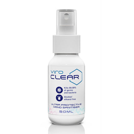 Compact and convenient ViroCLEAR hand sanitiser spray in 50ml for on-the-go protection.