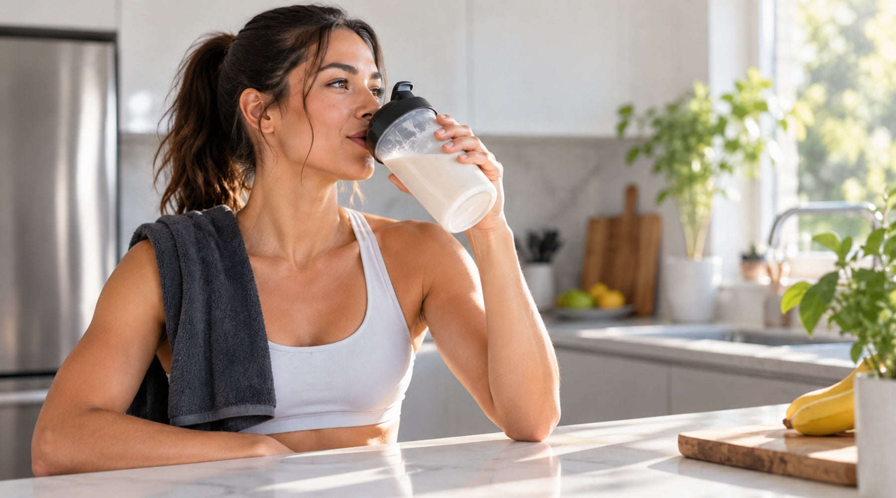 Woman enjoying creatine shake in the kitchen