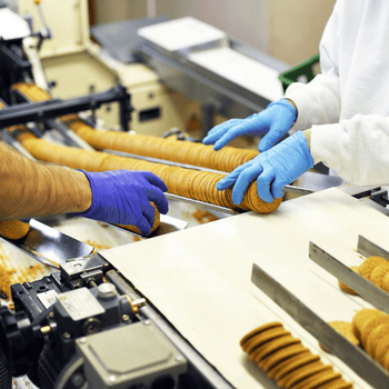 Workers wearing blue and purple gloves handling cookies on a food production line