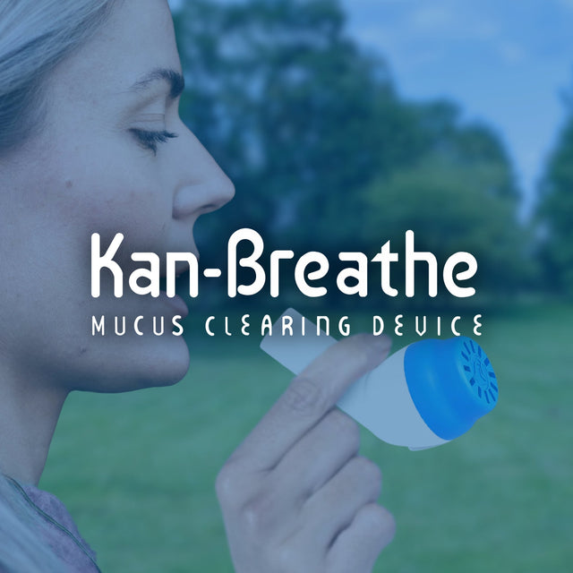 Kan-Breathe logo with image of woman using the Kan-Breathe device on background