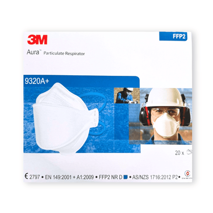 3M Aura 9320A+ P2 respirator mask box featuring 20 disposable FFP2-certified masks for workplace safety and respiratory protection