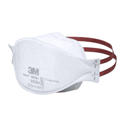 3M™ Aura 1870+ N95 hospital grade respirator showing contoured nose clip and red headband straps