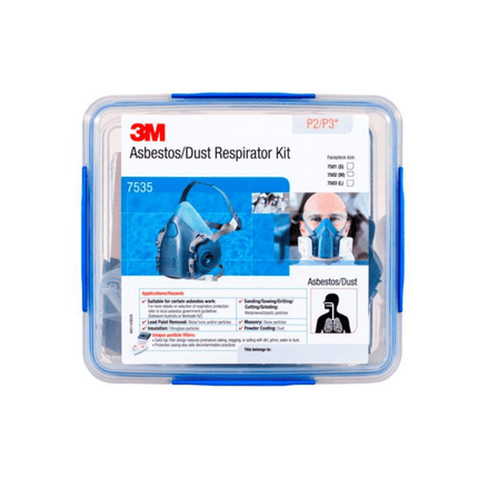 Top view of 3M 7535 asbestos respirator kit storage container with 3M half face respirator and P2/P3 filters