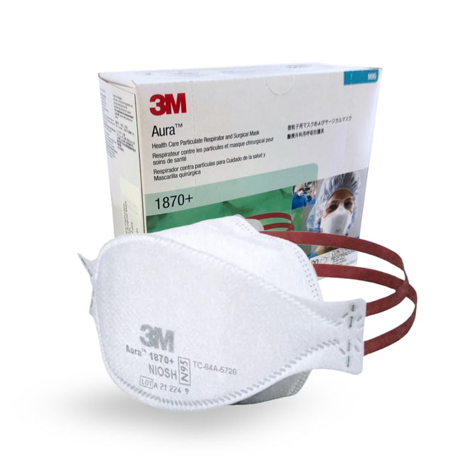 3M™ N95 Aura 1870+ hospital grade respirator with headbands, foldable three-panel design for secure fit and box packaging
