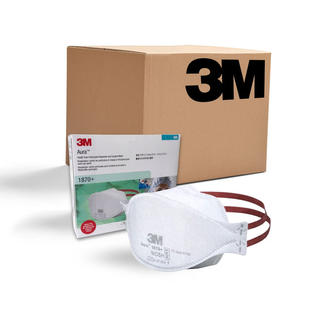 Carton of 3M™ Aura 1870+ N95 respirators, hospital grade particulate respirator headband masks