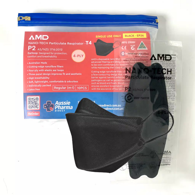10-pack black EP26 AMD P2 respirator mask in packaging