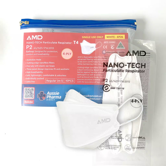 10-pack EP26 white colour AMD Nano-Tech particulate respirator packaging 