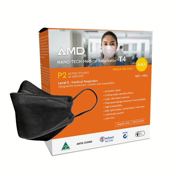 AMD Nano-Tech Medical Respirator T4 packaging with a black respirator mask 