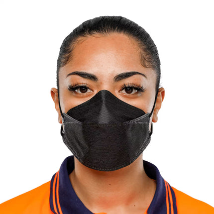 Front view of person wearing AMD black P2 respirator mask with contoured fit design