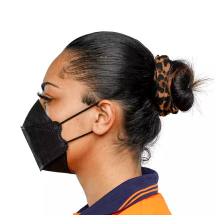 Side profile of AMD black P2 face mask showing secure fit and ear loops