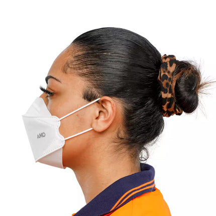 Side profile of AMD white P2 face mask highlighting shape and ear loop design