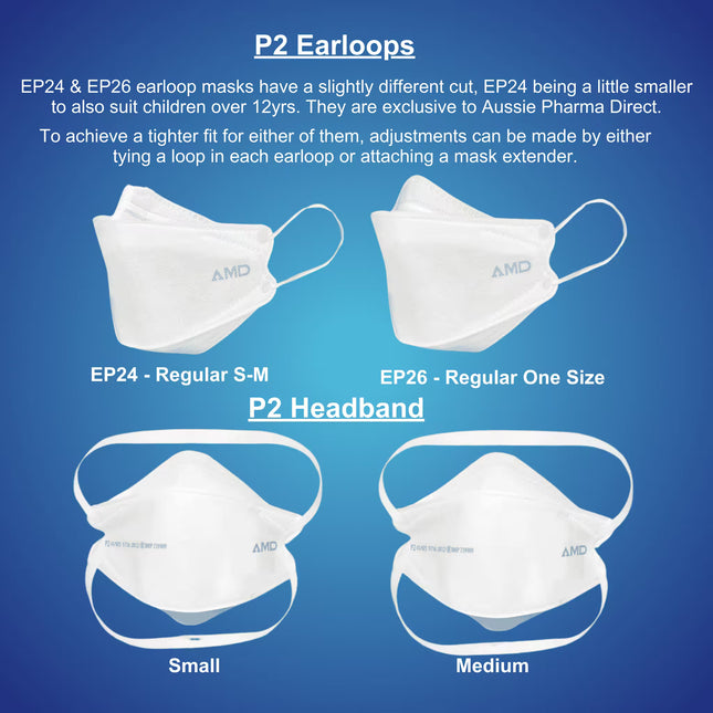AMD P2 mask sample pack featuring multiple masks in earloop and headband features and sizes