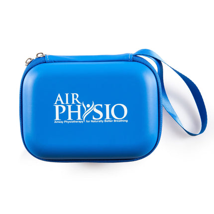 AirPhysio branded blue hard shell travel case with zipper and wrist strap for safe storage and transport of the breathing device