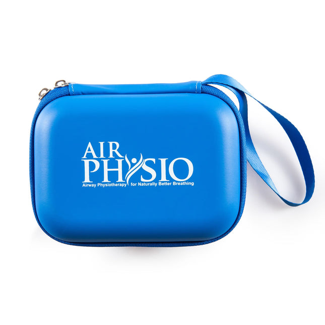 AirPhysio branded blue hard shell travel case with zipper and wrist strap for safe storage and transport of the breathing device