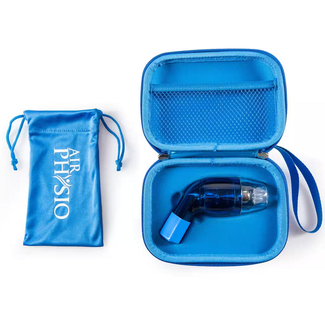 AirPhysio blue travel case opened to show internal mesh pocket and secure compartment holding the breathing device, with matching drawstring pouch