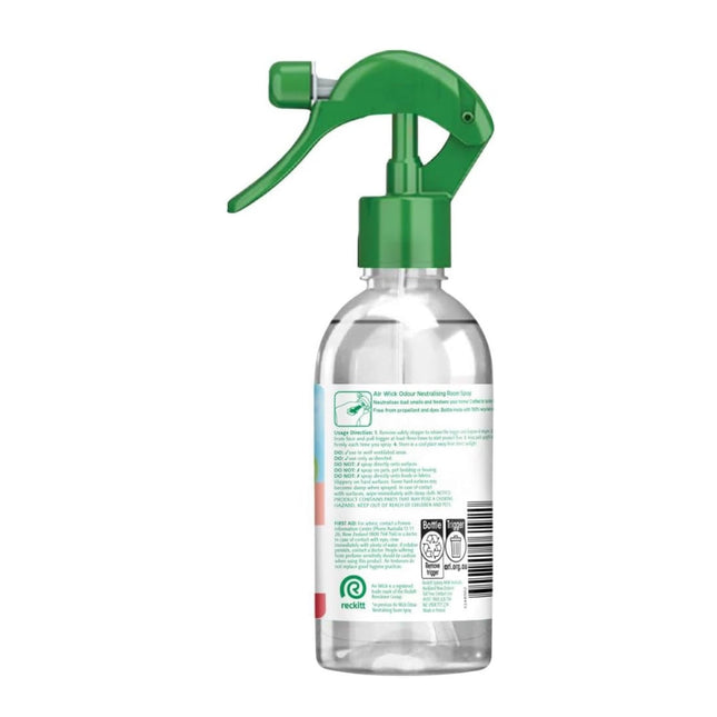 Back of Air Wick Raspberry & Lime room spray showing usage directions, safety warnings and caution information