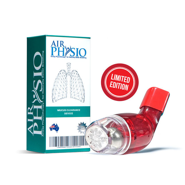 Red mucus clearance device with 'Air Physio' packaging on a white background
