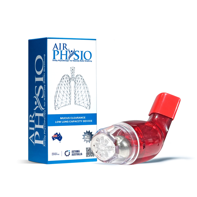 Red and clear lung clearing device with blue packaging labeled 'Air Physio' on a white background
