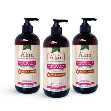 Three bottles of A’kin Moisture-Rich Antibacterial Hand Wash 500ml displayed as a value pack