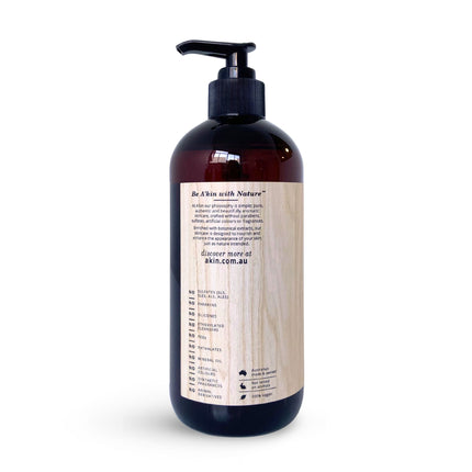 Back of A’kin Moisture-Rich Hand Wash highlighting no sulfates, no parabens and gentle cleansing formula