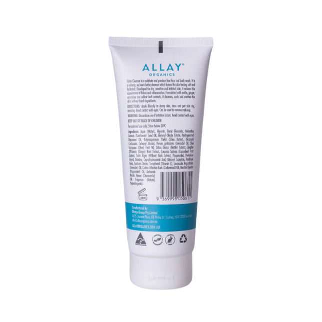 Back of Allay Organics Calm Cleanser 200ml showing ingredients list and directions