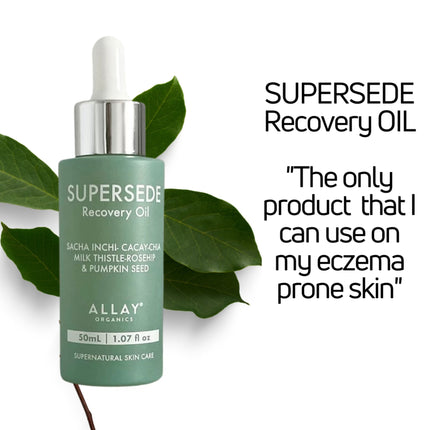 Allay Organics Supersede Recovery Oil 50ml with botanical leaves and eczema-prone skin testimonial