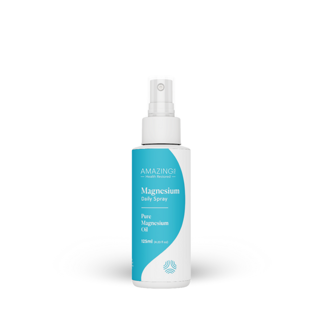 A white bottle of AMAZING You Magnesium Daily Spray with a teal and white label, shown on a clean white background with a soft shadow.