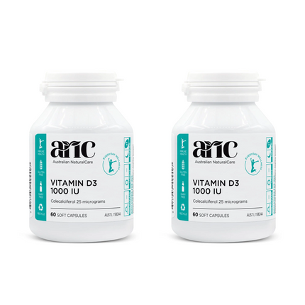 Vitamin D3 1000 IU supplements by Australian NaturalCare, twin pack of 60 soft capsules for strong bones and immune support