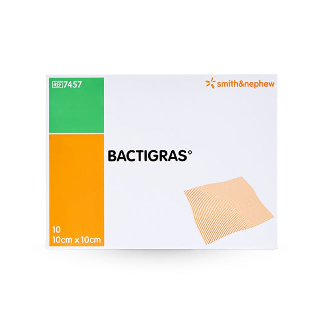 Box of Smith & Nephew Bactigras sterile gauze dressing, 10cm x 10cm, 10 pieces, ideal for wound care and protection