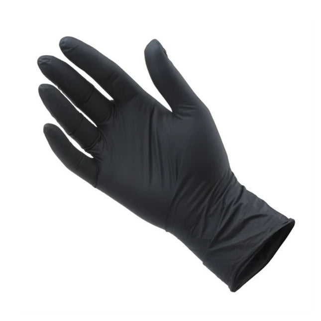 Close-up of Bastion Progenics Ultra Soft black nitrile exam glove showing beaded cuff for easy donning and secure fit