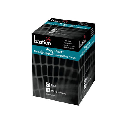 Box of Bastion Progenics Ultra Soft black nitrile exam gloves, powder-free and suitable for medical and professional use